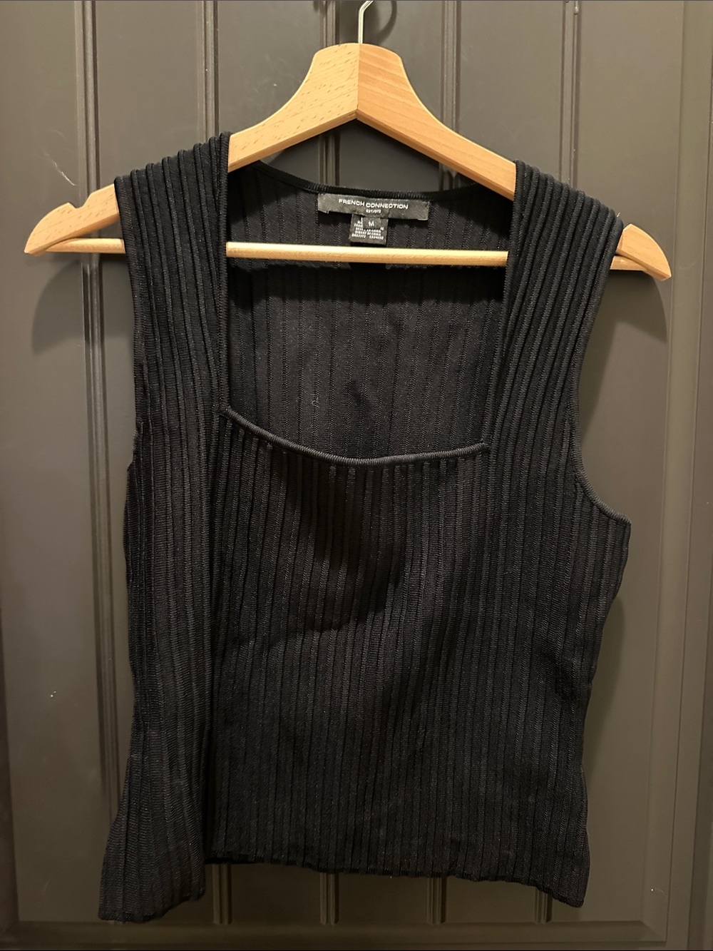 French Connection Black Ribbed Square-Neck Tank Midi Dress